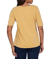 Ruby Rd. Cotton Slub Jersey Knit V-Neck Short Sleeve Soutache Trim Top