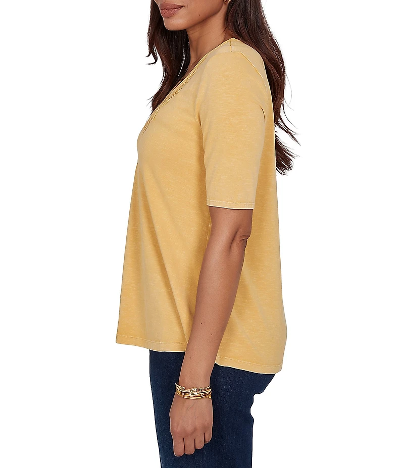 Ruby Rd. Cotton Slub Jersey Knit V-Neck Short Sleeve Soutache Trim Top