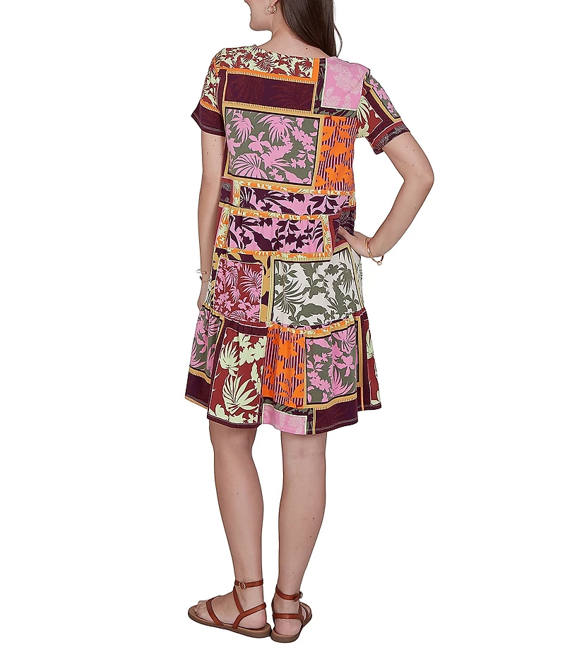 Ruby Rd. Cotton Stretch Knit Patchwork Print Scoop Neck Short Sleeve Tiered Dress