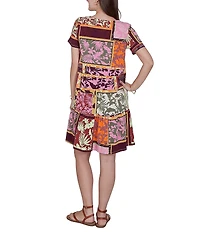 Ruby Rd. Cotton Stretch Knit Patchwork Print Scoop Neck Short Sleeve Tiered Dress