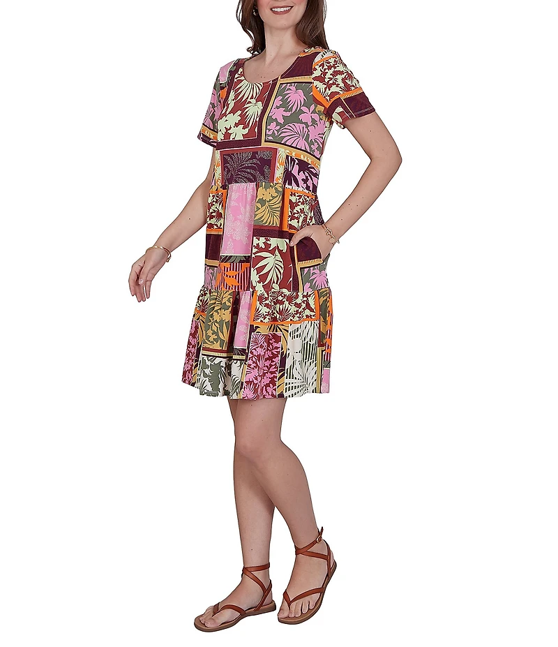 Ruby Rd. Cotton Stretch Knit Patchwork Print Scoop Neck Short Sleeve Tiered Dress