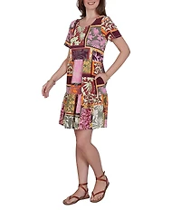 Ruby Rd. Cotton Stretch Knit Patchwork Print Scoop Neck Short Sleeve Tiered Dress