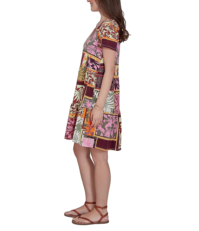 Ruby Rd. Cotton Stretch Knit Patchwork Print Scoop Neck Short Sleeve Tiered Dress