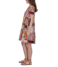 Ruby Rd. Cotton Stretch Knit Patchwork Print Scoop Neck Short Sleeve Tiered Dress