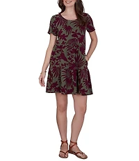 Ruby Rd. Cotton Stretch Knit Tropical Foliage Print Scoop Neck Short Sleeve Tiered Dress