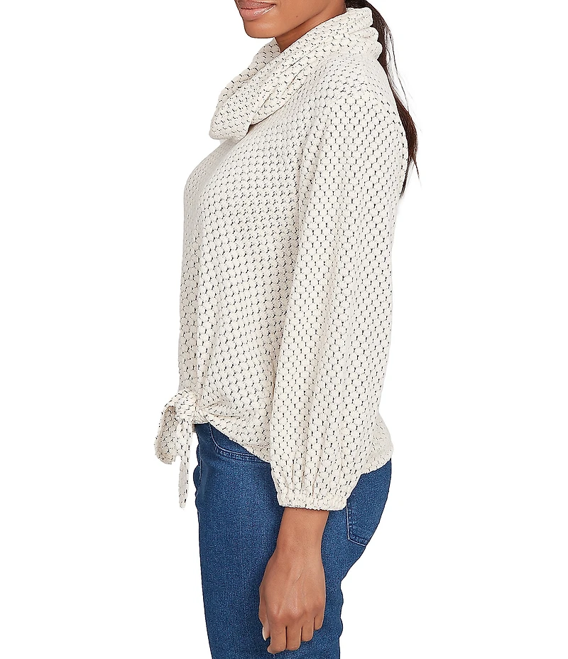 Ruby Rd. Cowl Neck 3/4 Sleeve Side Tie Honeycomb Knit Top