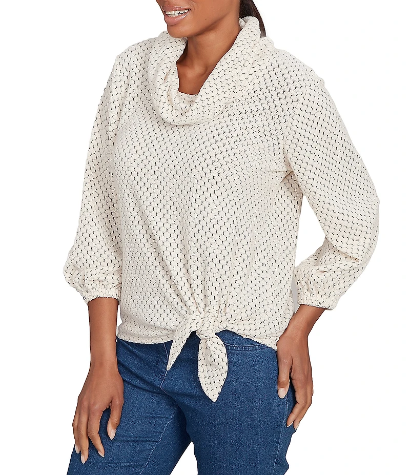 Ruby Rd. Cowl Neck 3/4 Sleeve Side Tie Honeycomb Knit Top
