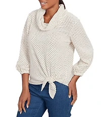 Ruby Rd. Cowl Neck 3/4 Sleeve Side Tie Honeycomb Knit Top