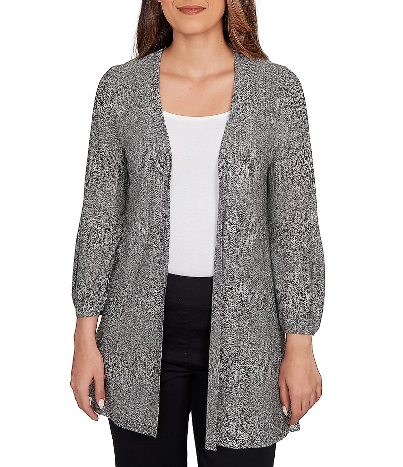 Ruby Rd. Cozy Ribbed Ivory Black Multi 3/4 Sleeve Open-Front Cardigan
