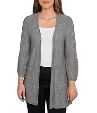 Ruby Rd. Cozy Ribbed Ivory Black Multi 3/4 Sleeve Open-Front Cardigan