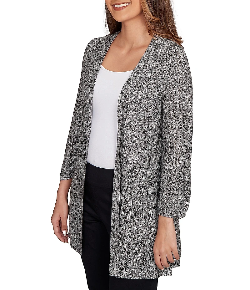 Ruby Rd. Cozy Ribbed Ivory Black Multi 3/4 Sleeve Open-Front Cardigan