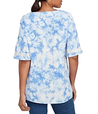Ruby Rd. Crepe Gauze Embroidered Tie-Dye V-Neck Elbow Sleeve Top