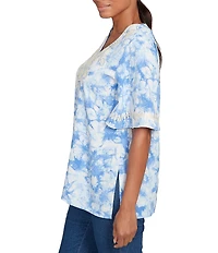 Ruby Rd. Crepe Gauze Embroidered Tie-Dye V-Neck Elbow Sleeve Top