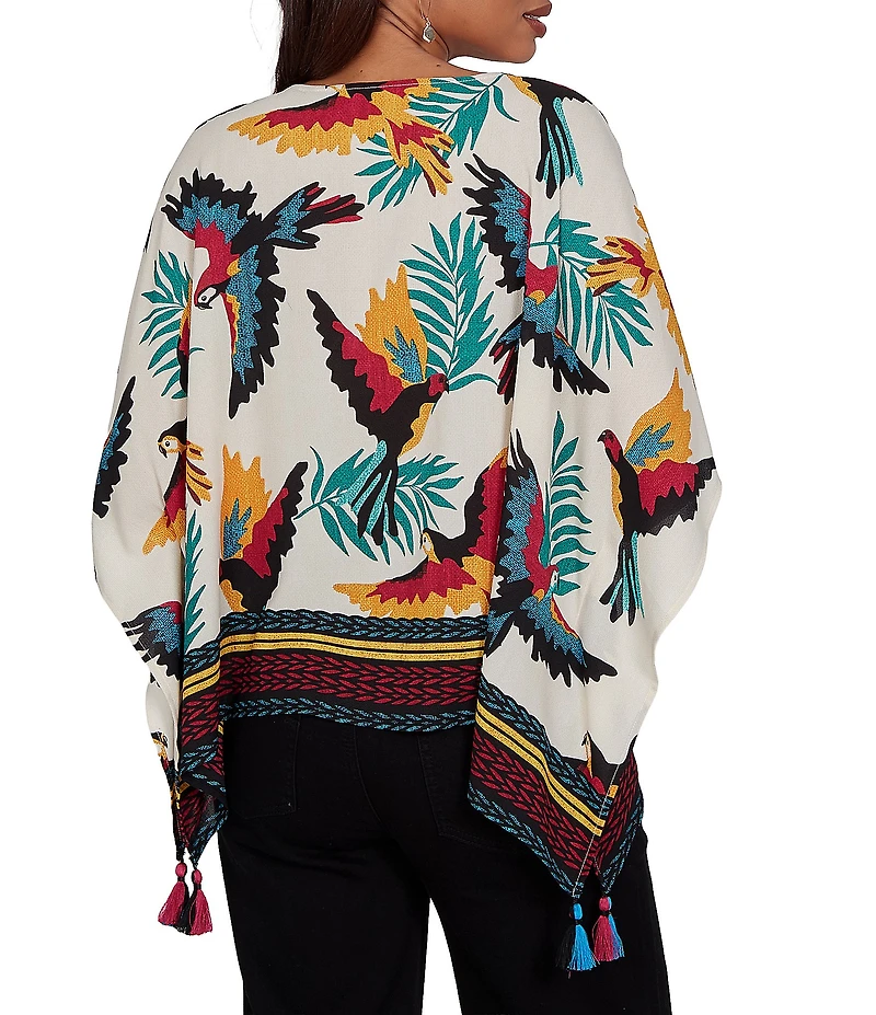 Ruby Rd. Crepe Paradise Bird Scoop Neck Short Sleeve Tassel Hem Top