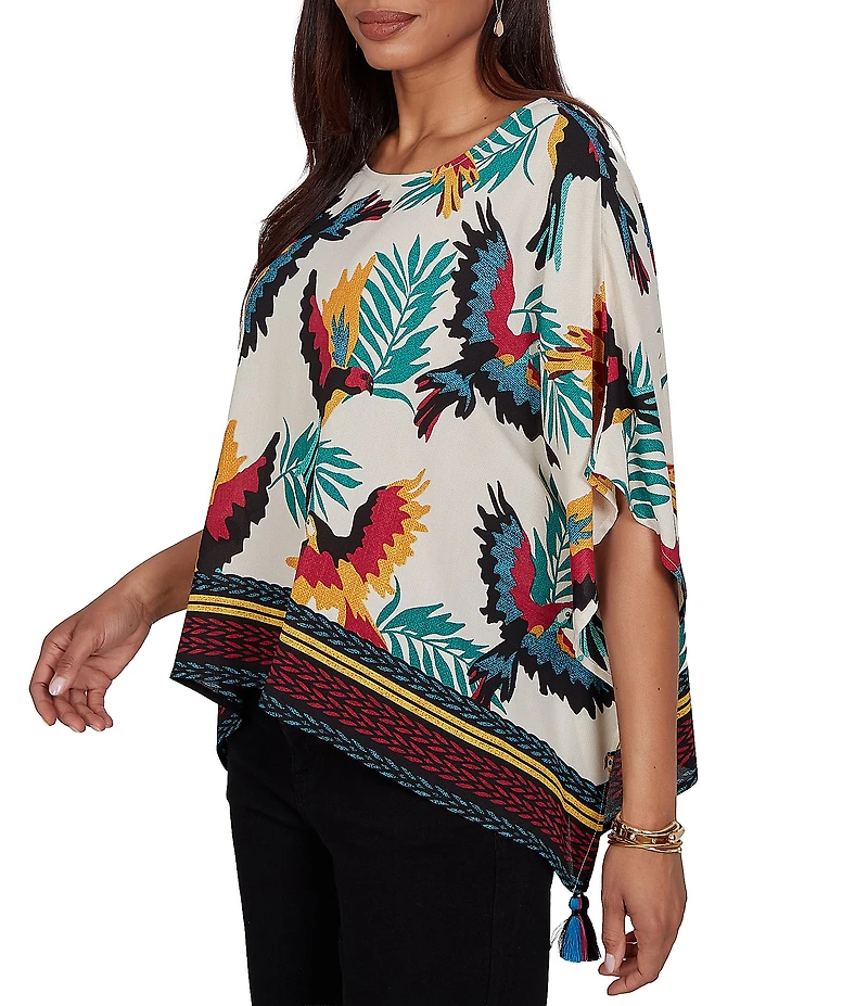 Ruby Rd. Crepe Paradise Bird Scoop Neck Short Sleeve Tassel Hem Top
