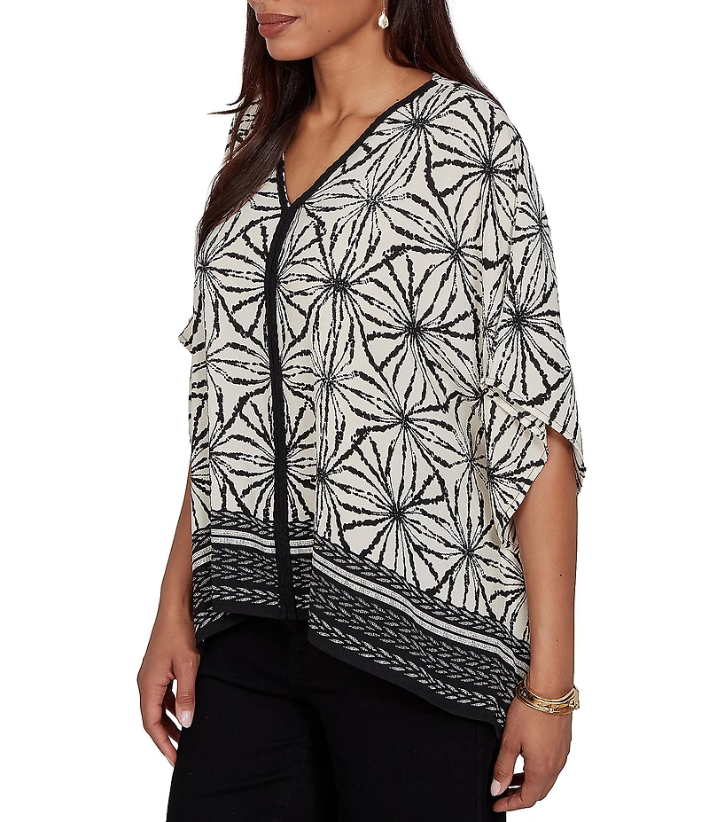 Ruby Rd. Crepe Shibori Geometric V-Neck Short Sleeve Contrast Trim Top