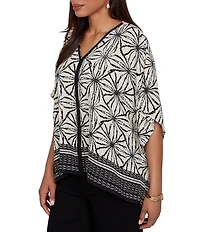 Ruby Rd. Crepe Shibori Geometric V-Neck Short Sleeve Contrast Trim Top