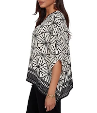 Ruby Rd. Crepe Shibori Geometric V-Neck Short Sleeve Contrast Trim Top