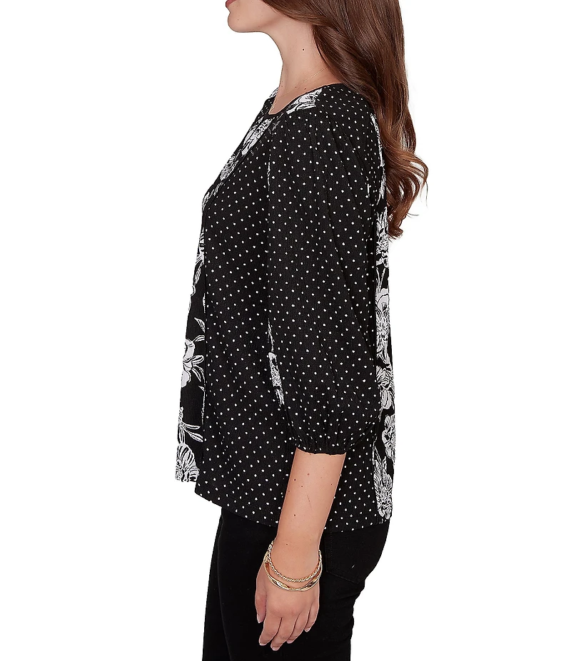 Ruby Rd. Crinkle Knit Placed Floral Dots Keyhole Neck 3/4 Sleeve Peasant Top