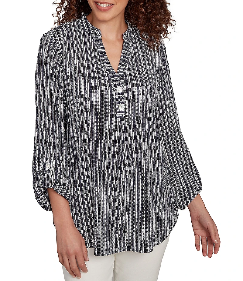 Ruby Rd. Crinkle Knit Stripe V-Neck Long Roll-Tab Sleeve Henley Top
