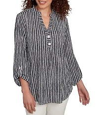 Ruby Rd. Crinkle Knit Stripe V-Neck Long Roll-Tab Sleeve Henley Top