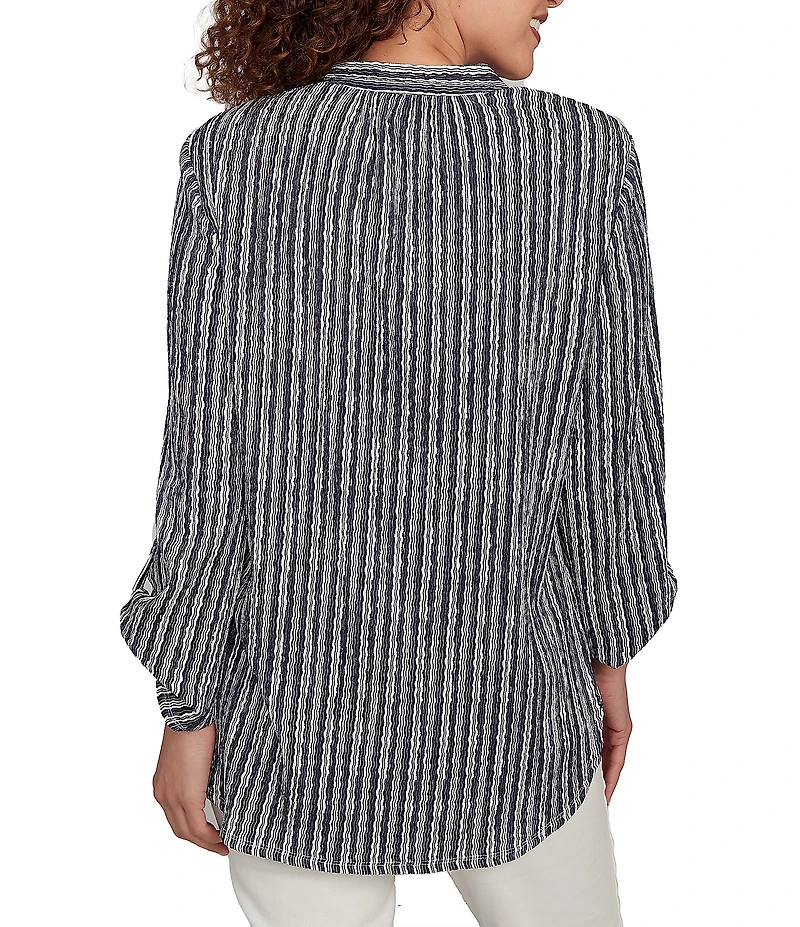 Ruby Rd. Crinkle Knit Stripe V-Neck Long Roll-Tab Sleeve Henley Top