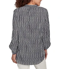 Ruby Rd. Crinkle Knit Stripe V-Neck Long Roll-Tab Sleeve Henley Top