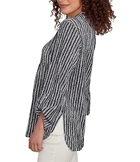 Ruby Rd. Crinkle Knit Stripe V-Neck Long Roll-Tab Sleeve Henley Top