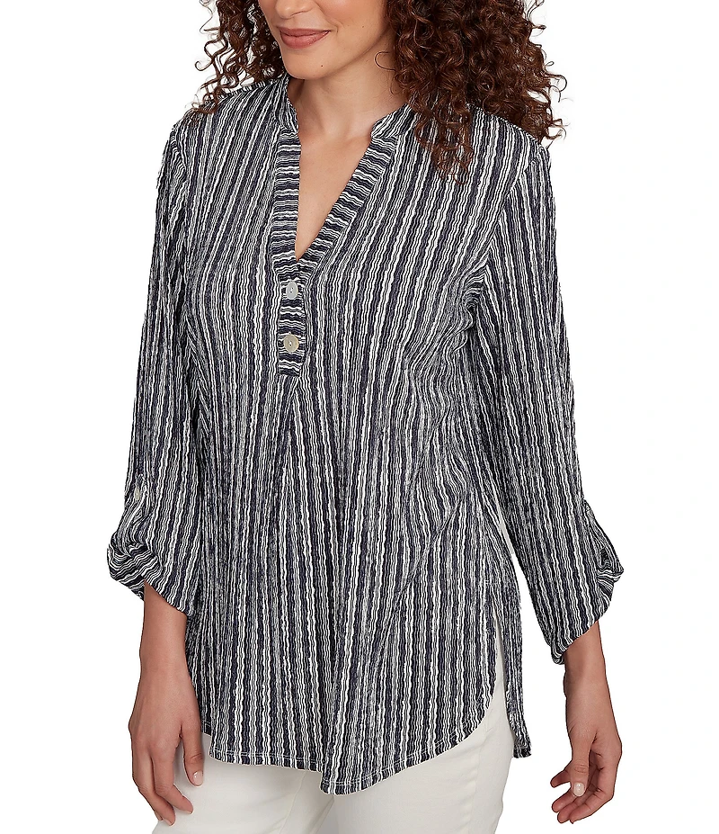 Ruby Rd. Crinkle Knit Stripe V-Neck Long Roll-Tab Sleeve Henley Top