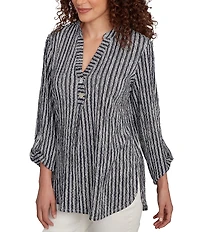 Ruby Rd. Crinkle Knit Stripe V-Neck Long Roll-Tab Sleeve Henley Top