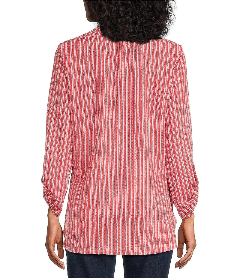 Ruby Rd. Crinkle Knit Stripe V-Neck Long Roll-Tab Sleeve Henley Top