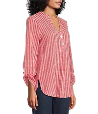 Ruby Rd. Crinkle Knit Stripe V-Neck Long Roll-Tab Sleeve Henley Top