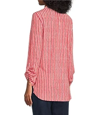 Ruby Rd. Crinkle Knit Stripe V-Neck Long Roll-Tab Sleeve Henley Top