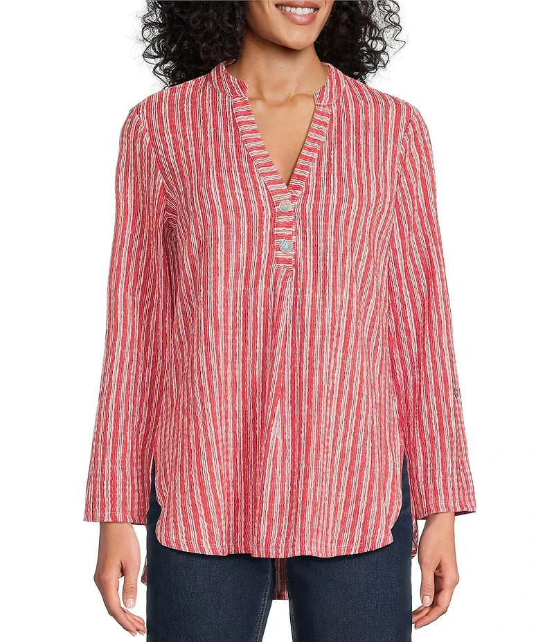 Ruby Rd. Crinkle Knit Stripe V-Neck Long Roll-Tab Sleeve Henley Top