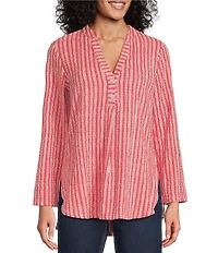 Ruby Rd. Crinkle Knit Stripe V-Neck Long Roll-Tab Sleeve Henley Top