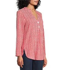 Ruby Rd. Crinkle Knit Stripe V-Neck Long Roll-Tab Sleeve Henley Top