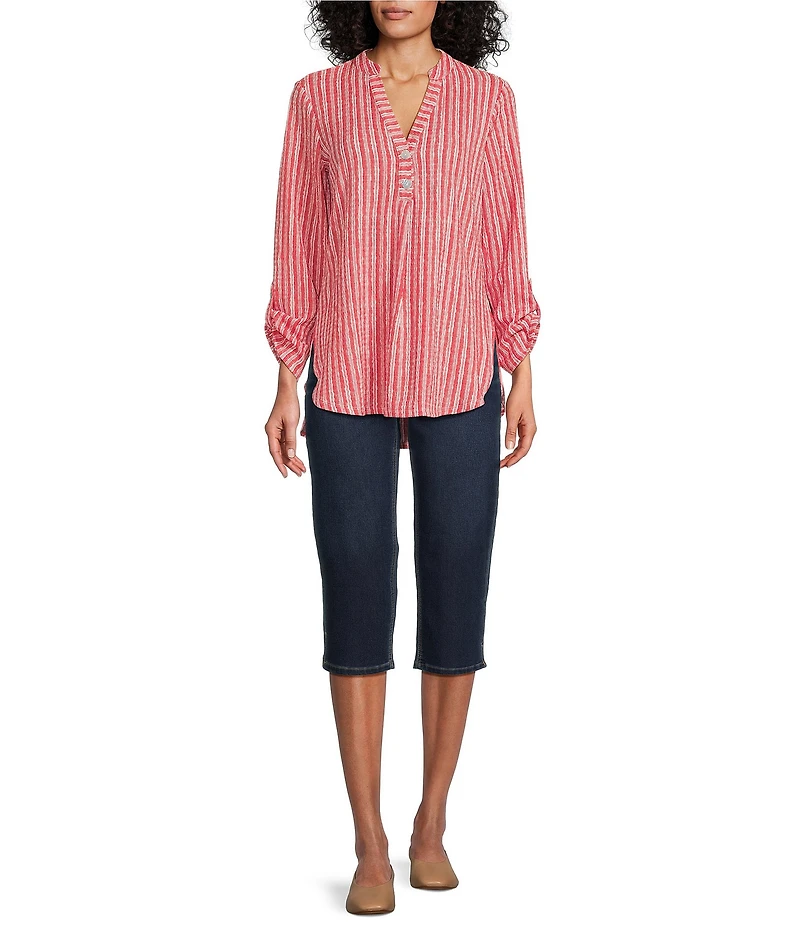 Ruby Rd. Crinkle Knit Stripe V-Neck Long Roll-Tab Sleeve Henley Top