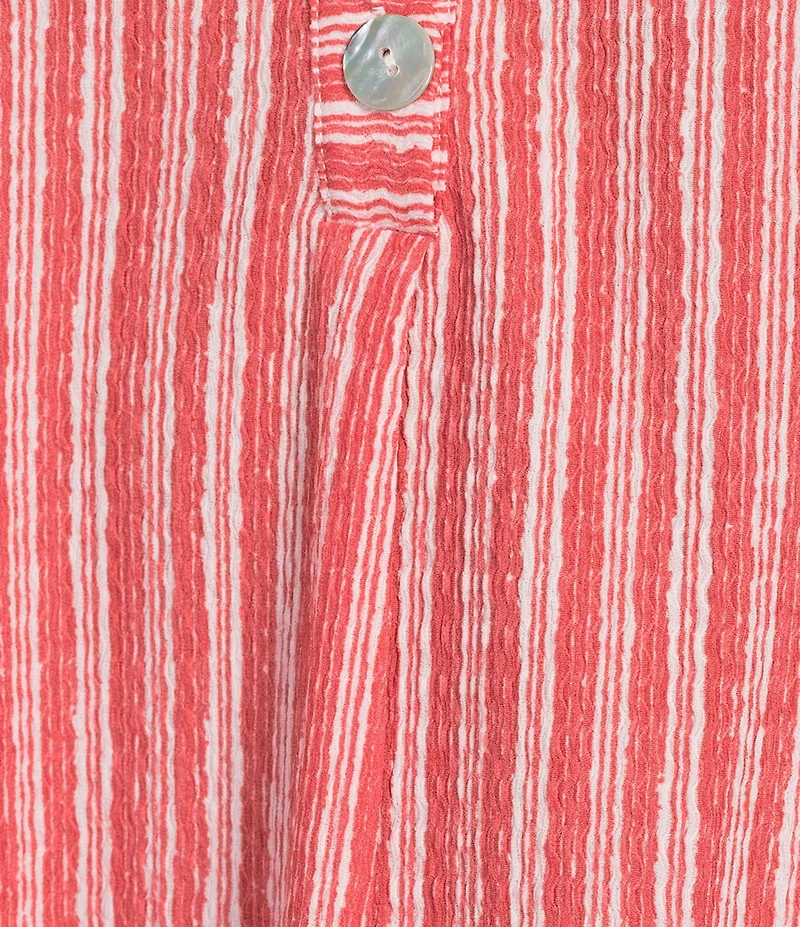 Ruby Rd. Crinkle Knit Stripe V-Neck Long Roll-Tab Sleeve Henley Top