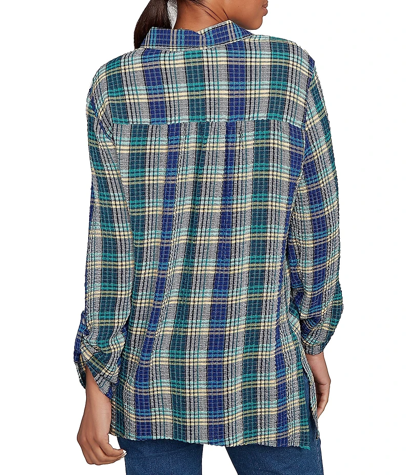 Ruby Rd. Crinkle Woven Plaid Collared V-Neck Long Roll-Tab Sleeve Button-Front Shirt