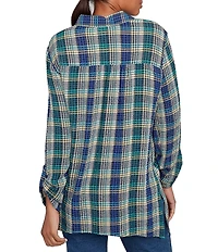 Ruby Rd. Crinkle Woven Plaid Collared V-Neck Long Roll-Tab Sleeve Button-Front Shirt
