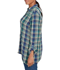 Ruby Rd. Crinkle Woven Plaid Collared V-Neck Long Roll-Tab Sleeve Button-Front Shirt