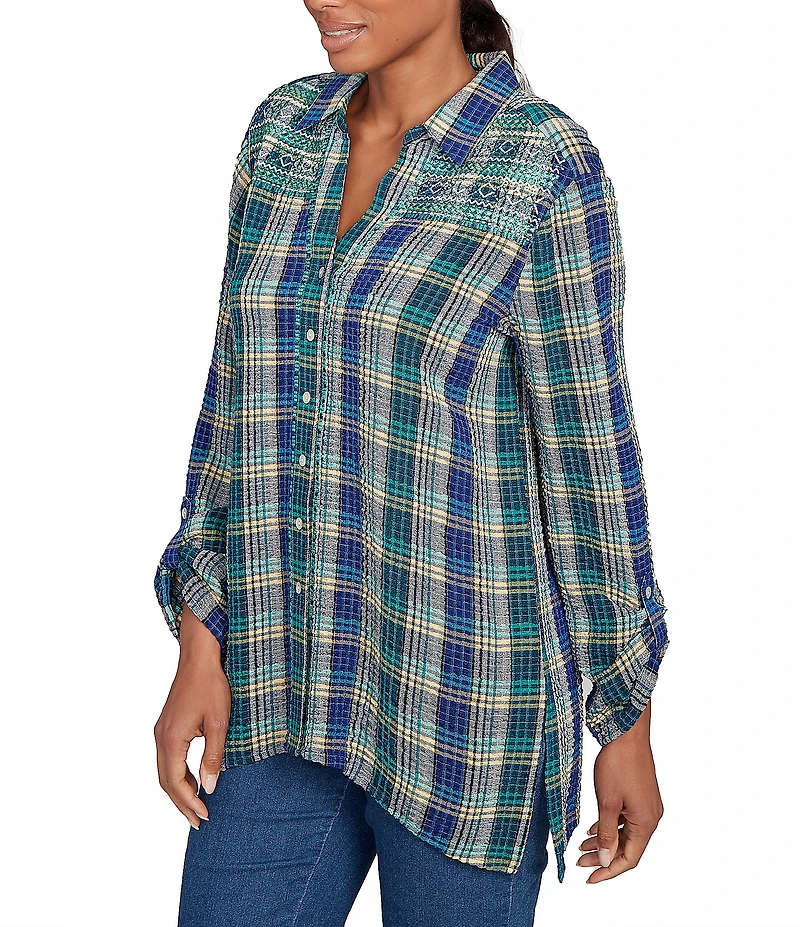 Ruby Rd. Crinkle Woven Plaid Collared V-Neck Long Roll-Tab Sleeve Button-Front Shirt