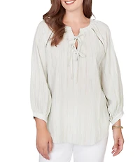 Ruby Rd. Crinkle Woven Striped Split V-Neck Tie-Front Peasant Top