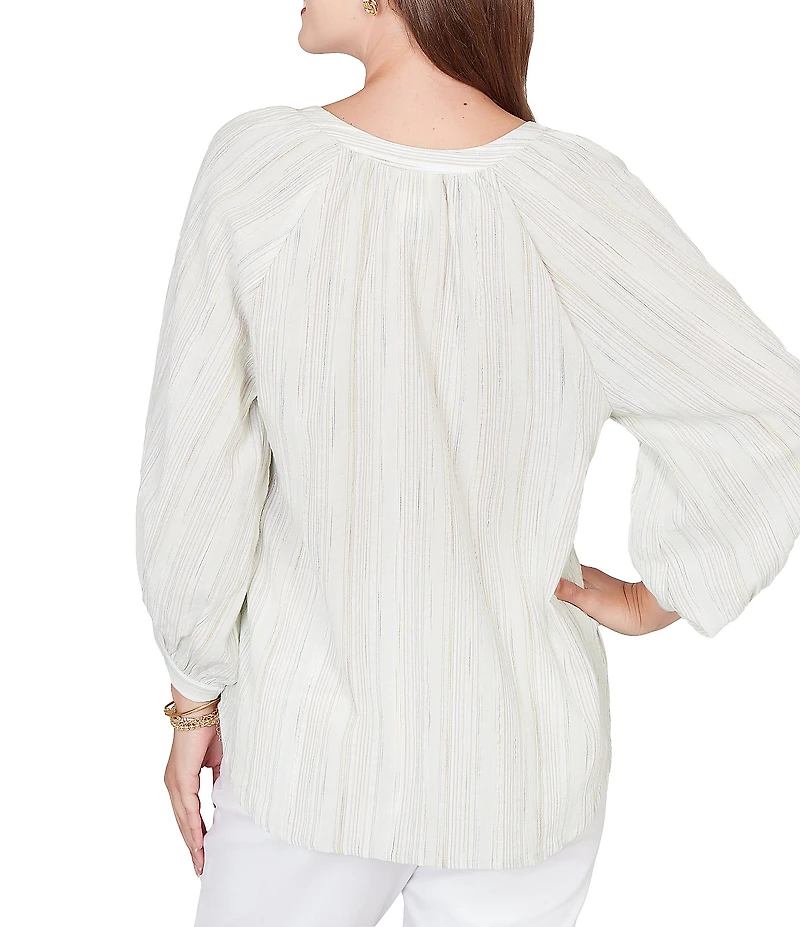 Ruby Rd. Crinkle Woven Striped Split V-Neck Tie-Front Peasant Top