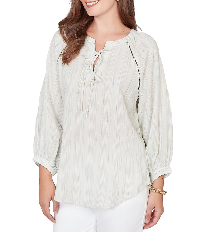 Ruby Rd. Crinkle Woven Striped Split V-Neck Tie-Front Peasant Top