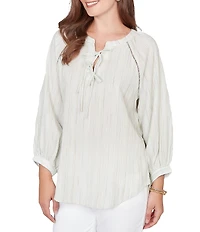 Ruby Rd. Crinkle Woven Striped Split V-Neck Tie-Front Peasant Top