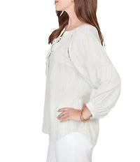 Ruby Rd. Crinkle Woven Striped Split V-Neck Tie-Front Peasant Top