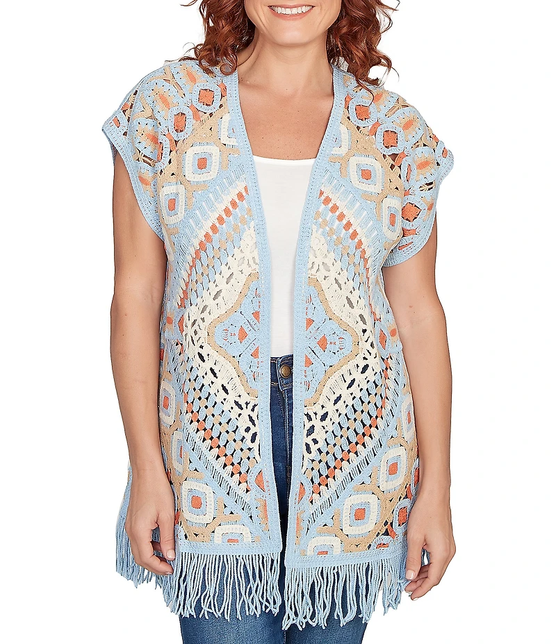 Ruby Rd. Crochet Geometric Cap Sleeve Open-Front Cardigan