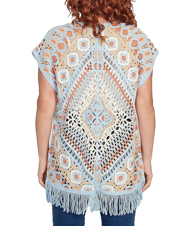 Ruby Rd. Crochet Geometric Cap Sleeve Open-Front Cardigan