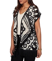 Ruby Rd. Crochet Intricate Medallion Open Front Sleeveless Fringe Trim Cardigan